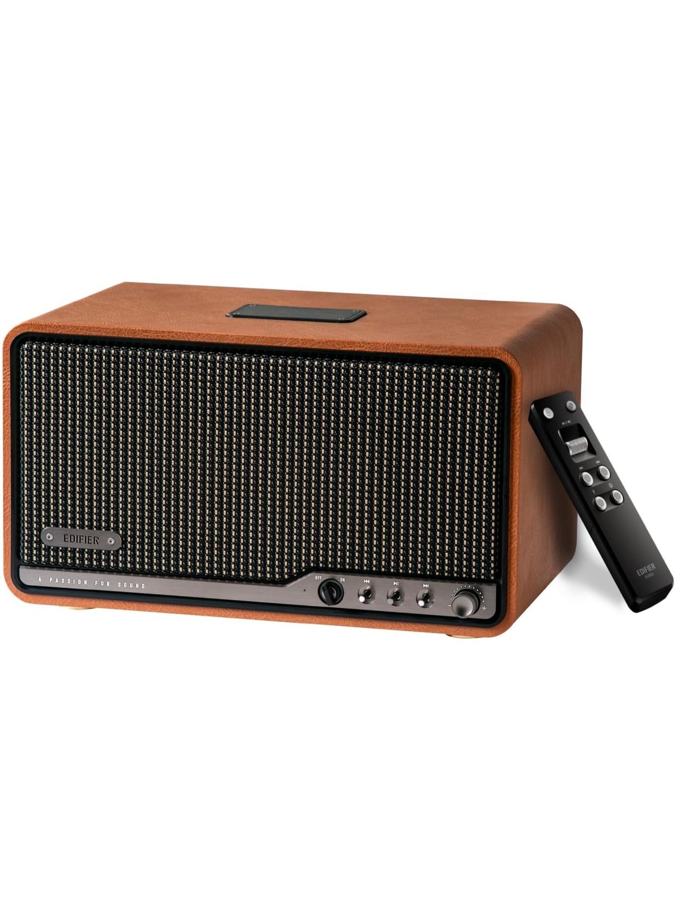 Edifier S300 Hi-Fi Tabletop Speaker, Hi-Res Audio LDAC for Wireless Multi-Room & Stereo Pairing, 80W Power Works with AirPlay 2 Bluetooth 5.4 USB-C AUX Inputs, Retro Design with Remote - Brown